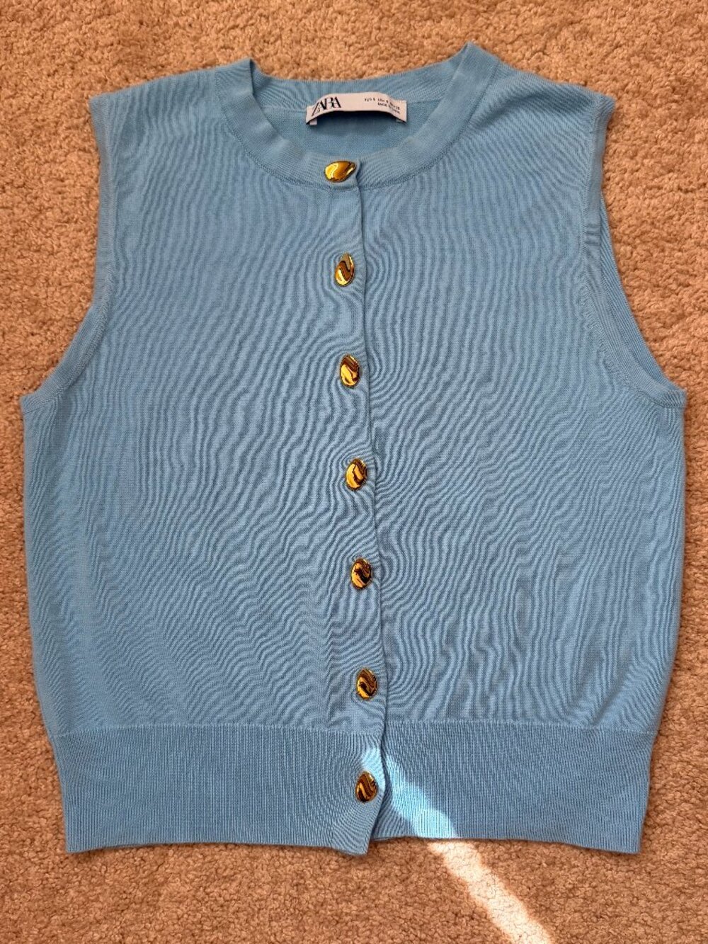 Zara Blue Knit Vest Top Gold Buttons Old Money Preppy Size Small